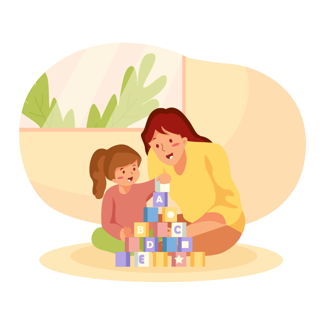 A parent and child playing with alphabet blocks